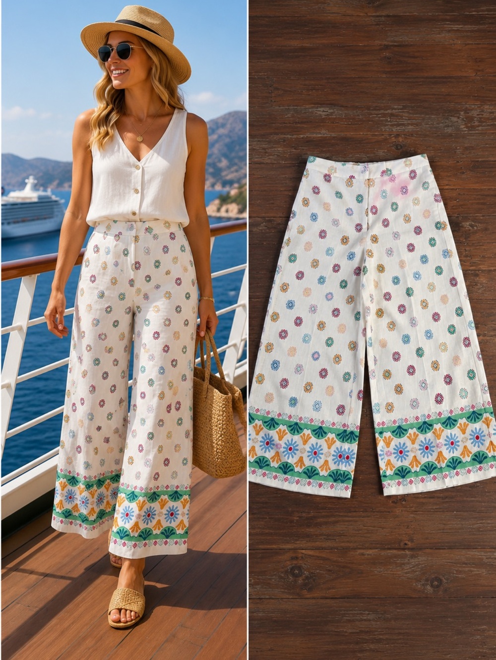 Maison d'Amélie Wide Leg Ankle Cropped Pants Floral Border Pockets Size M 💛🍄